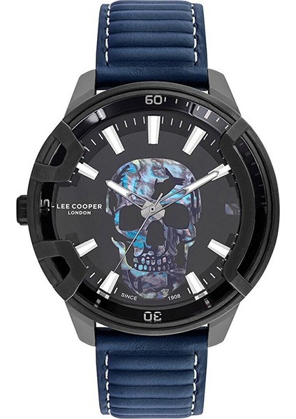 LC07588.699 Erkek Kol Saati | 48 mm Kafatası Tasarımlı Siyah Kadran, Mavi Deri Kordon, Siyah Kasa