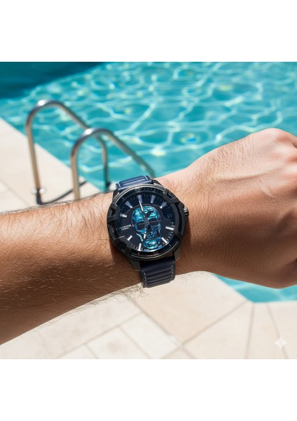 LC07588.699 Erkek Kol Saati | 48 mm Kafatası Tasarımlı Siyah Kadran, Mavi Deri Kordon, Siyah Kasa fiyatları