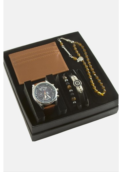 Kayışlı Kol Saati Tesbih Bileklik ve Cüzdan Kutulu Set