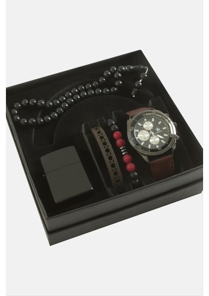 Kayışlı Kol Saati Tesbih Bileklik ve Çakmak Kutulu Set
