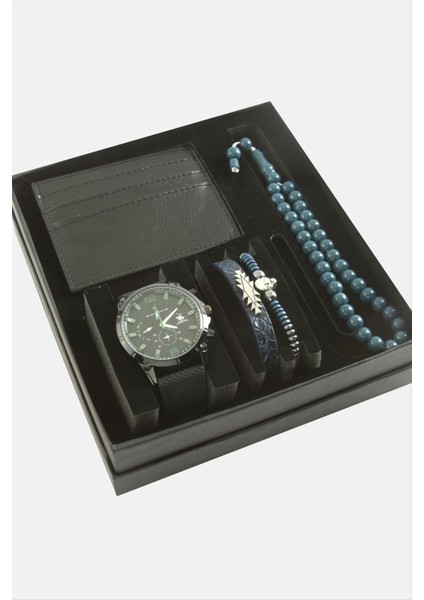 Kayışlı Kol Saati Tesbih Bileklik ve Cüzdan Kutulu Set