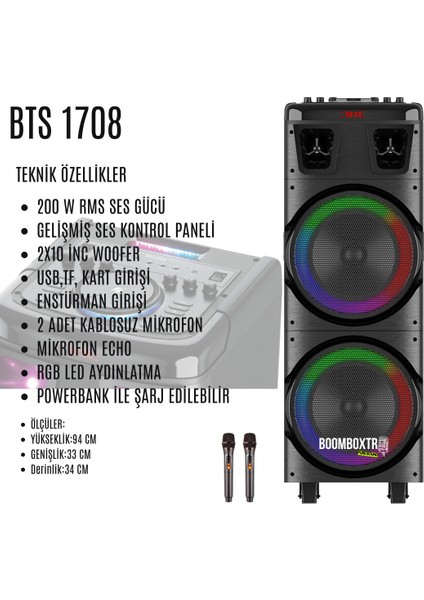 Bts 1708 Taşınabilir Bluetooth Parti Hoparlörü | 200W Rms | 2X10” Woofer | Rgb Işık | 2 Mikrofon | fiyatları