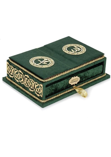 Masa Üstü Rahleli Kadife Kaplı Sandıklı Kuranı Kerim Seti - Rahiya Serisi Yeşil