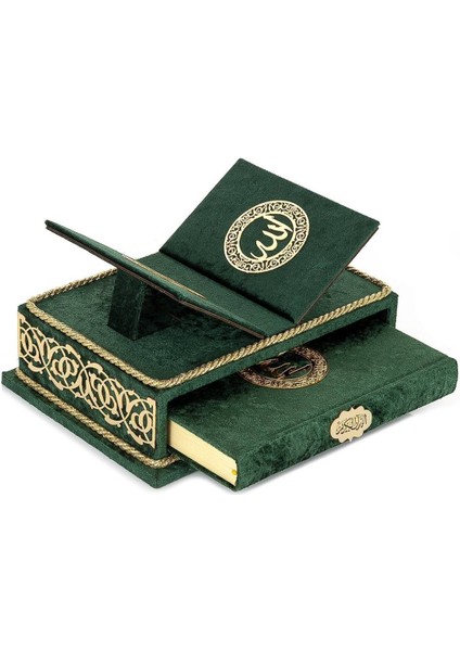 Masa Üstü Rahleli Kadife Kaplı Sandıklı Kuranı Kerim Seti - Rahiya Serisi Yeşil modelleri