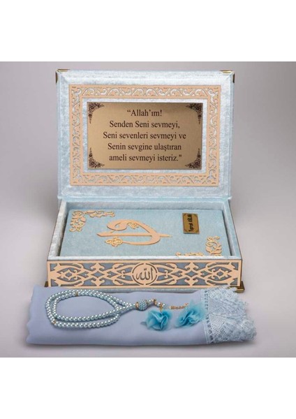 Şal + Tesbih + Kuran Hediye Seti (Orta Boy, Bebe Mavi, Gold Pleksi)