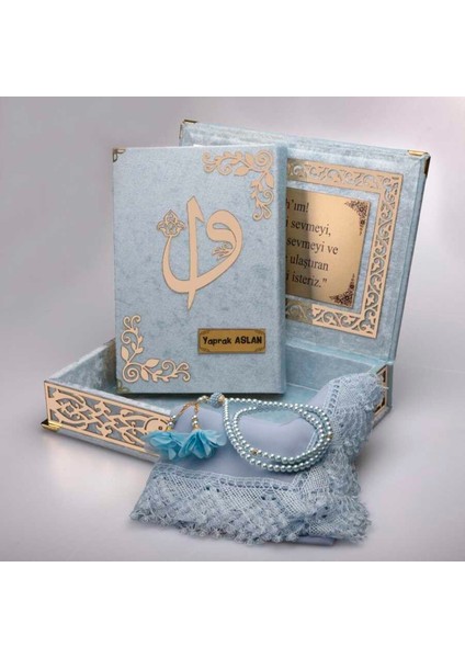 Şal + Tesbih + Kuran Hediye Seti (Orta Boy, Bebe Mavi, Gold Pleksi) modelleri