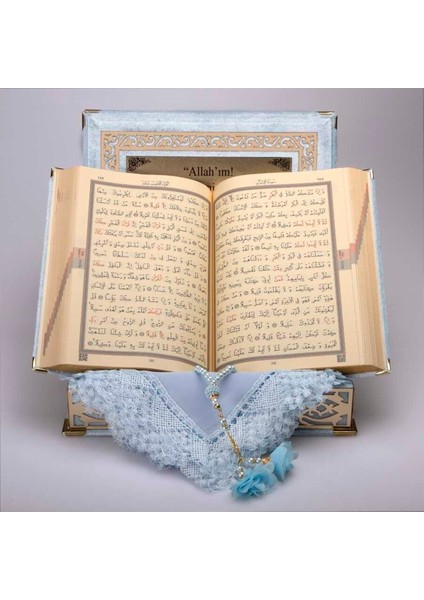 Şal + Tesbih + Kuran Hediye Seti (Orta Boy, Bebe Mavi, Gold Pleksi) fırsatları