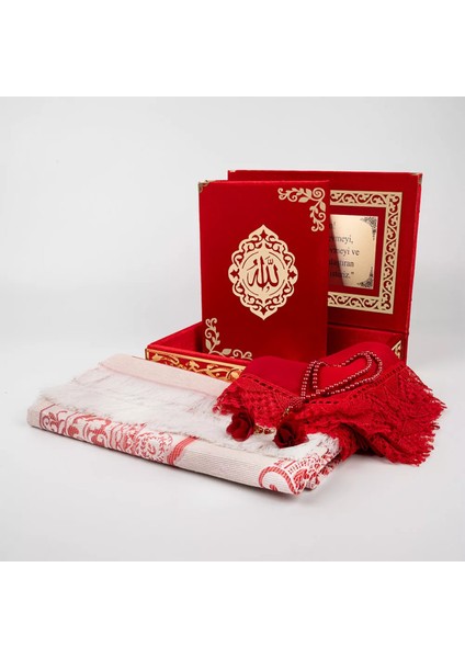 Şal + Seccade + Tesbih + Kuran Hediye Seti (Orta B. Şems Lafzatullah Gold Pleksi Raşel Kutu, Kırmızı