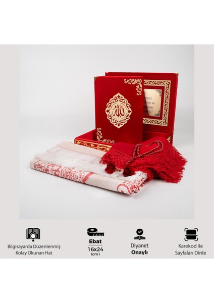 Şal + Seccade + Tesbih + Kuran Hediye Seti (Orta B. Şems Lafzatullah Gold Pleksi Raşel Kutu, Kırmızı modelleri