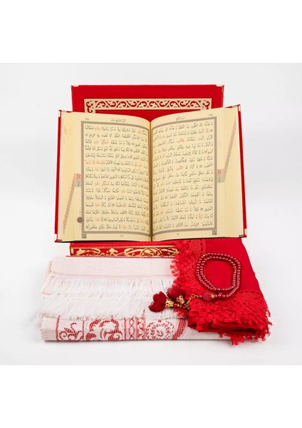 Şal + Seccade + Tesbih + Kuran Hediye Seti (Orta B. Şems Lafzatullah Gold Pleksi Raşel Kutu, Kırmızı fırsatları