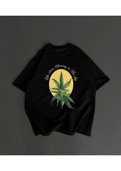 Ön ve Arka Baskılı Oversize Bisiklet Yaka T-Shirt- Siyah