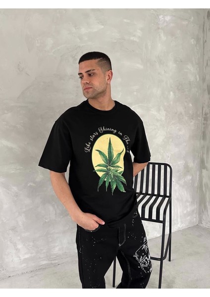 Ön ve Arka Baskılı Oversize Bisiklet Yaka T-Shirt- Siyah fiyatları