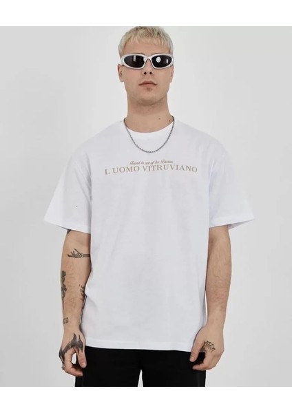 Unisex Bisiklet Yaka Baskılı Oversize T-Shirt - Beyaz