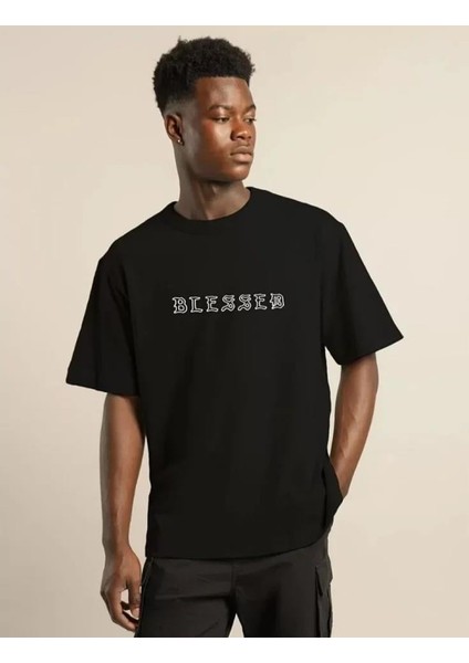 Unisex Bisiklet Yaka Oversize Baskılı T-Shirt - Siyah