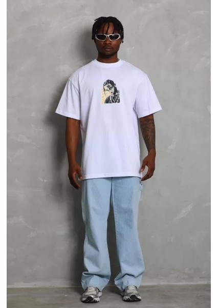 Unisex Oversize Baskılı Bisiklet Yaka T-Shirt - Beyaz modelleri