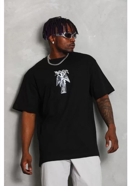 Unisex Oversize Baskılı Bisiklet Yaka T-Shirt - Siyah