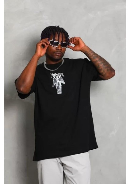 Unisex Oversize Baskılı Bisiklet Yaka T-Shirt - Siyah fiyatları