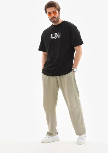 Unisex Bisiklet Yaka Baskılı Oversize T-Shirt - Siyah modelleri