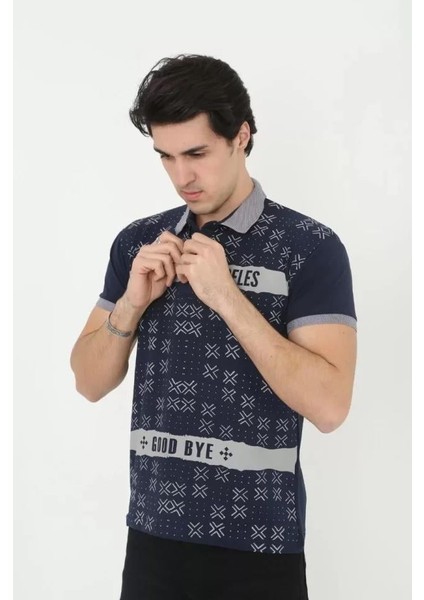 Erkek Yakalı Slim Fit Baskılı T-Shirt - Lacivert