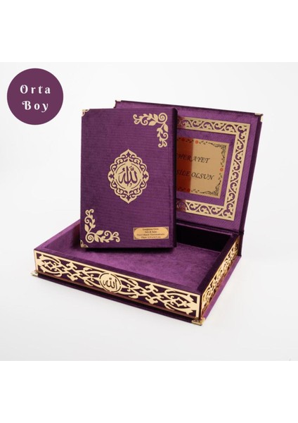 Raşel Kutulu Hediyelik Kuran-I Kerim (Orta Boy, Mor, Şems Lafzatullah Gold Pleksi) modelleri
