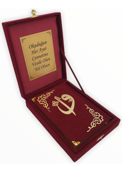 Plaketli Kadife Kutulu Orta Boy Bordo Dini Hediye Kuranı Kerim Seti