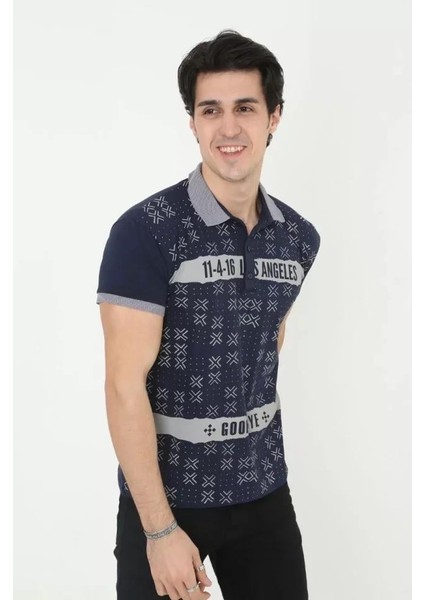 Erkek Yakalı Slim Fit Baskılı T-Shirt - Lacivert fiyatları