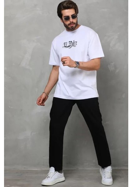 Unisex Bisiklet Yaka Baskılı Oversize T-Shirt - Beyaz fırsatları