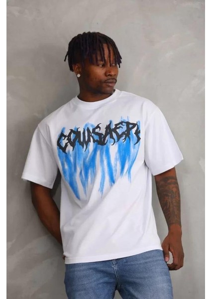 Unisex Baskılı Oversize T-Shirt - Beyaz
