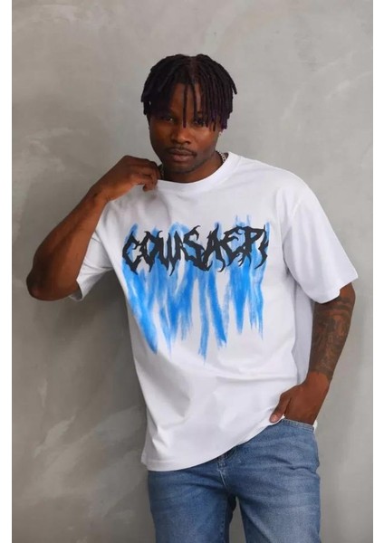 Unisex Baskılı Oversize T-Shirt - Beyaz modelleri