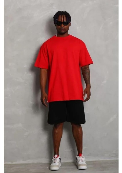 Unisex Oversize Düz Bisiklet Yaka T-Shirt - Kırmızı