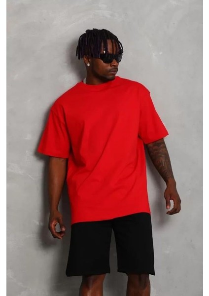 Unisex Oversize Düz Bisiklet Yaka T-Shirt - Kırmızı fırsatları