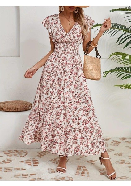 Kadın Kısa Kollu Kruvaze Yaka Beli Lastikli Çiçek Desenli Elbise