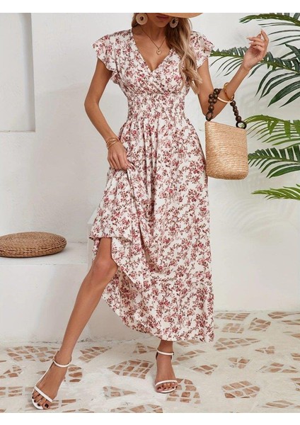 Kadın Kısa Kollu Kruvaze Yaka Beli Lastikli Çiçek Desenli Elbise fiyatları