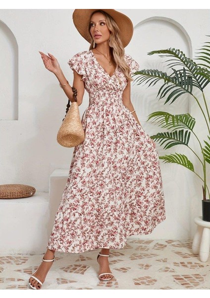 Kadın Kısa Kollu Kruvaze Yaka Beli Lastikli Çiçek Desenli Elbise fırsatları