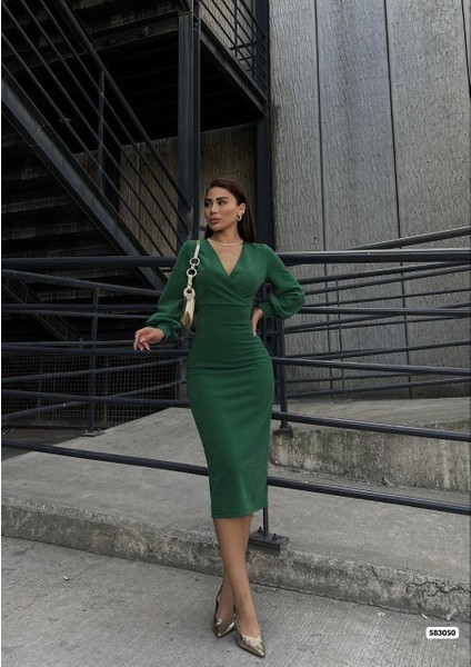 Kadın Kruvaze Yaka Balon Kol Simli Krep Kumaş Midi Boy Elbise fiyatları