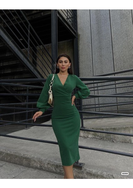 Kadın Kruvaze Yaka Balon Kol Simli Krep Kumaş Midi Boy Elbise modelleri