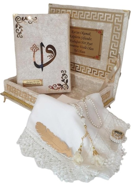 Kişiye Özel Reşal Ayaklı Kutulu Orta Boy Kur'an-I Kerim (Krem) modelleri