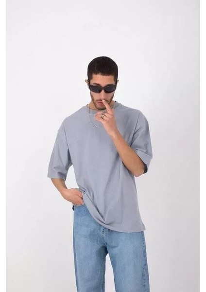 Unisex Basic Bisiklet Yaka Oversize T-Shirt - Gri