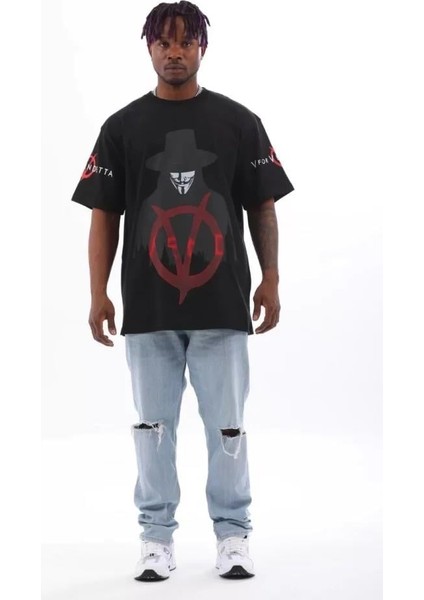 Unisex Oversize Baskılı Bisiklet Yaka T-Shirt - Siyah