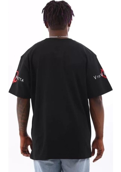 Unisex Oversize Baskılı Bisiklet Yaka T-Shirt - Siyah fırsatları