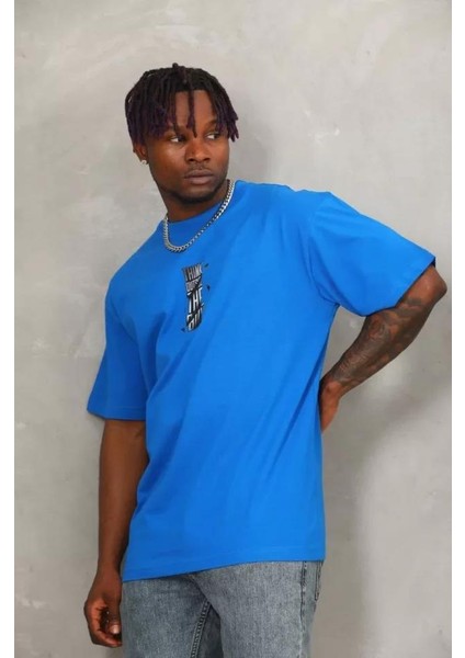 Unisex Oversize Baskılı Bisiklet Yaka T-Shirt - Mavi fiyatları