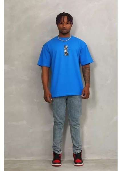 Unisex Oversize Baskılı Bisiklet Yaka T-Shirt - Mavi modelleri