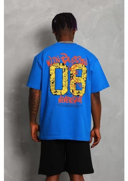 Unisex Oversize Baskılı Bisiklet Yaka T-Shirt - Mavi modelleri