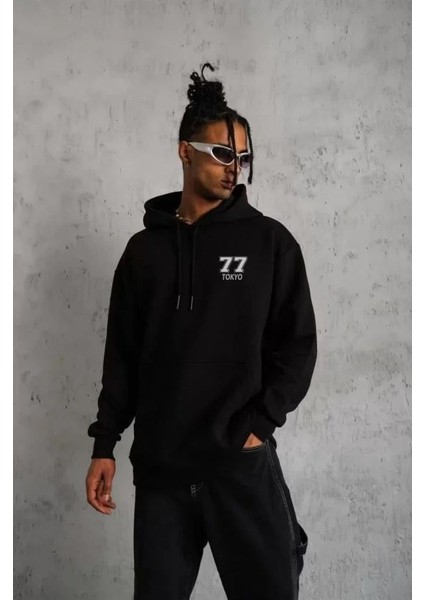 Unisex Kapşonlu Baskılı Sweetshirt - Siyah