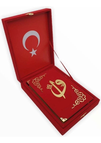 Dini Hediye Kuranı Kerim Seti Plaketli Kadife Kutulu Rahle Boy Kırmızı