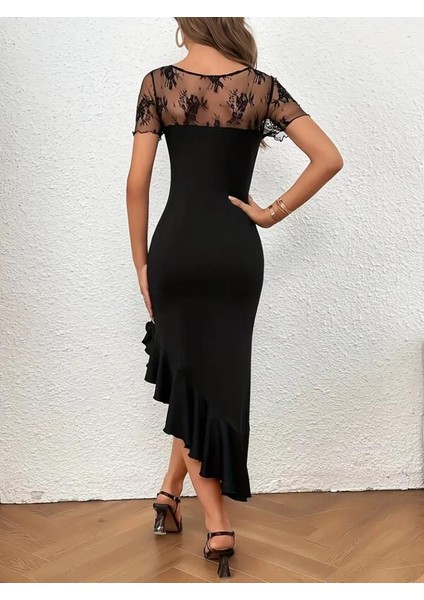 Kadın Kısa Kollu Yakası Açık Dantel Detaylı Fırfırlı Asimetrik Janjan Krep Elbise fiyatları