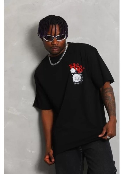 Unisex Oversize Baskılı Bisiklet Yaka T-Shirt - Siyah modelleri