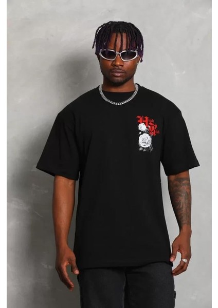 Unisex Oversize Baskılı Bisiklet Yaka T-Shirt - Siyah fırsatları