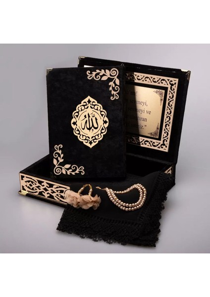 Şal + Tesbih + Kuran Hediye Seti (Orta Boy, Şemslafzatullah, Gold Pleksi, Raşel Kutu, Siyah)