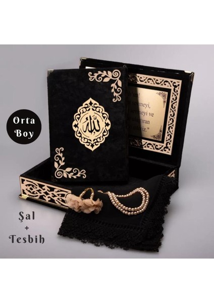 Şal + Tesbih + Kuran Hediye Seti (Orta Boy, Şemslafzatullah, Gold Pleksi, Raşel Kutu, Siyah) modelleri